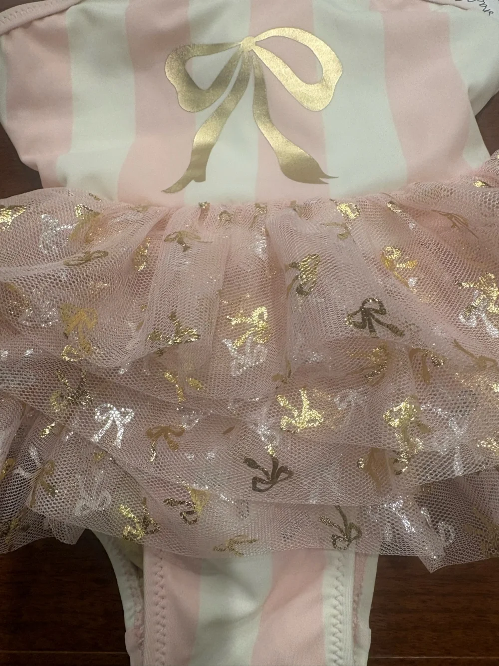 Pink & White Striped Tutu One-Piece Bodysuit with Gold Bow Accent